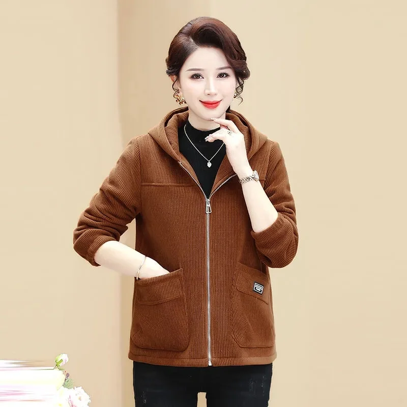 New Autumn Winter Corduroy Coat Women Add Velvet Warm Hooded Jacket Middle-Aged Mother Casual Outwear Joker Ladies Overcoat Tops