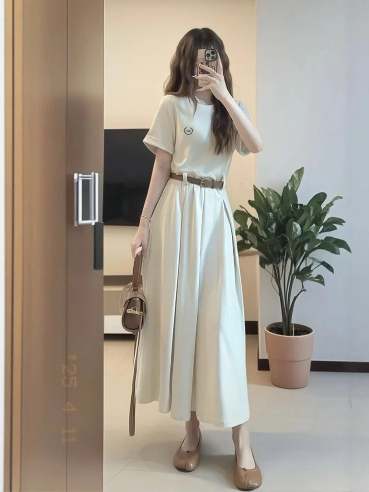 Chic rond Ne T-shirt épissé Dr femmes grande taille été minceur jupe Midi français Sle taille haute fibre de Polyester