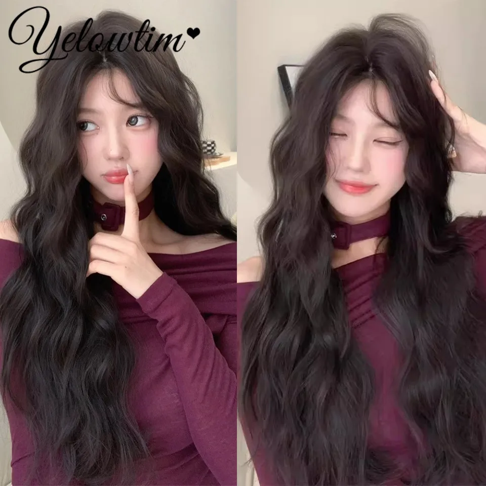 Synthetic Wig Brownblack Long Hair With No Trace Thin Breathable Split Forehead Lace eight character Liu Hai Ripple Women's Dail