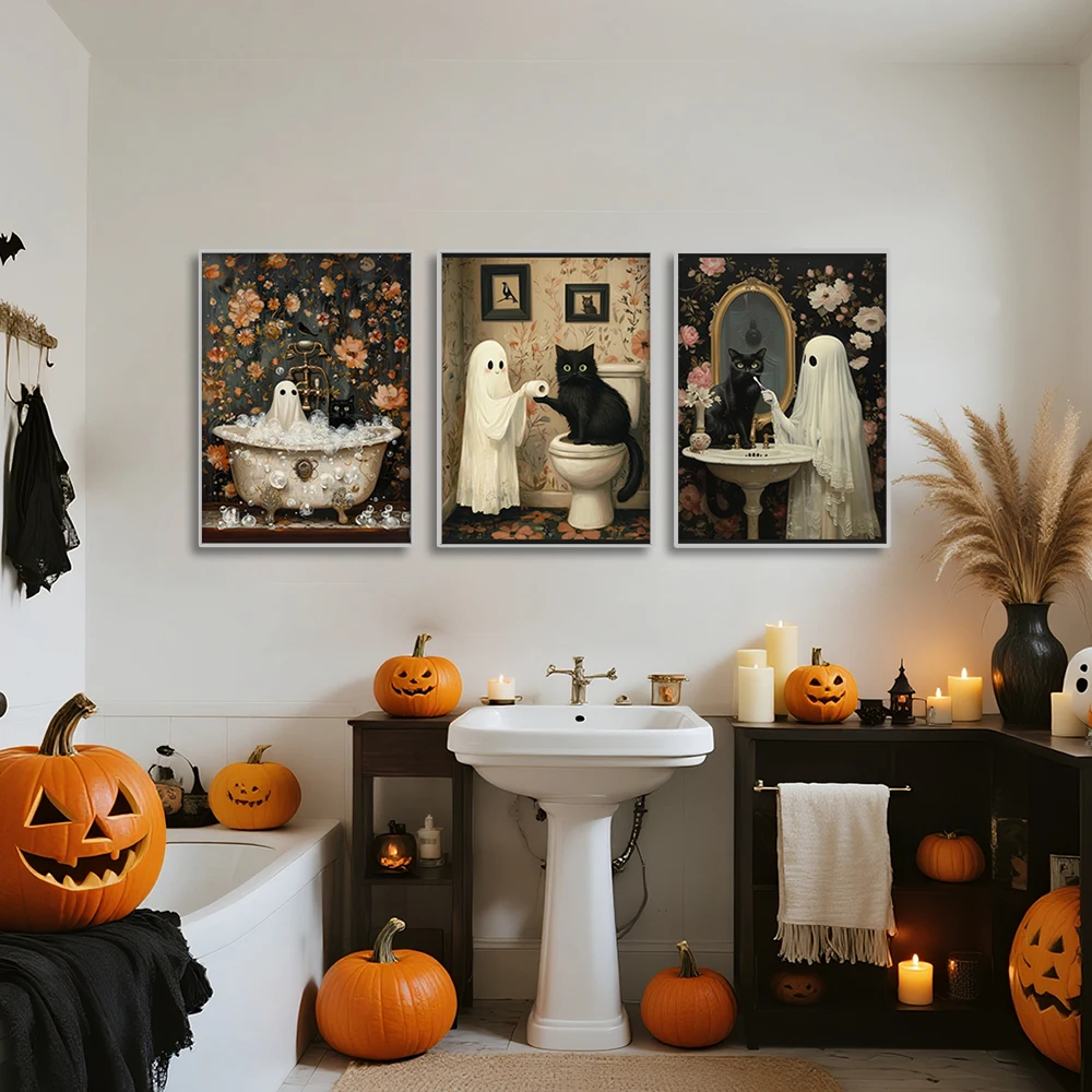 1/3pcs Whimsical Ghost and Cat in Bathtub Canvas Prints Poster Vintage Funny Spooky Floral Art Prints Halloween Home Decor