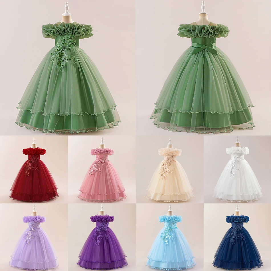 Girls Mesh Solid Floral Off-the-Shoulder Princess Dress Wedding Banquet Performance Party Frocks Children Evening Ball Gown