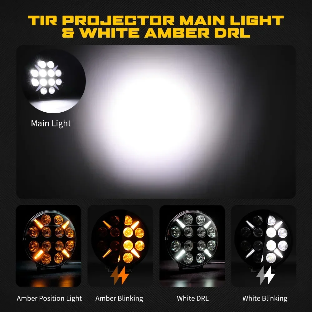 HAOLIDE 9インチ トラック用スポットライト 6000k ホワイト フルLED アンバーフォグライト ストロボライト トラック用ドライビングライト 12V 24V オフロード車用 IP68