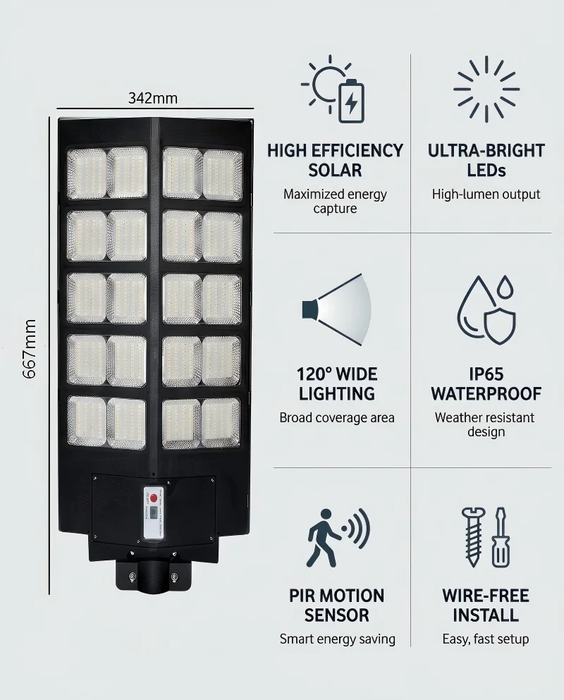 5Y Warranty IP65 All In One Solar Street Light 1500W ABS+PC Shell Outdoor Road Garden Landscape Integrated LED Lamp