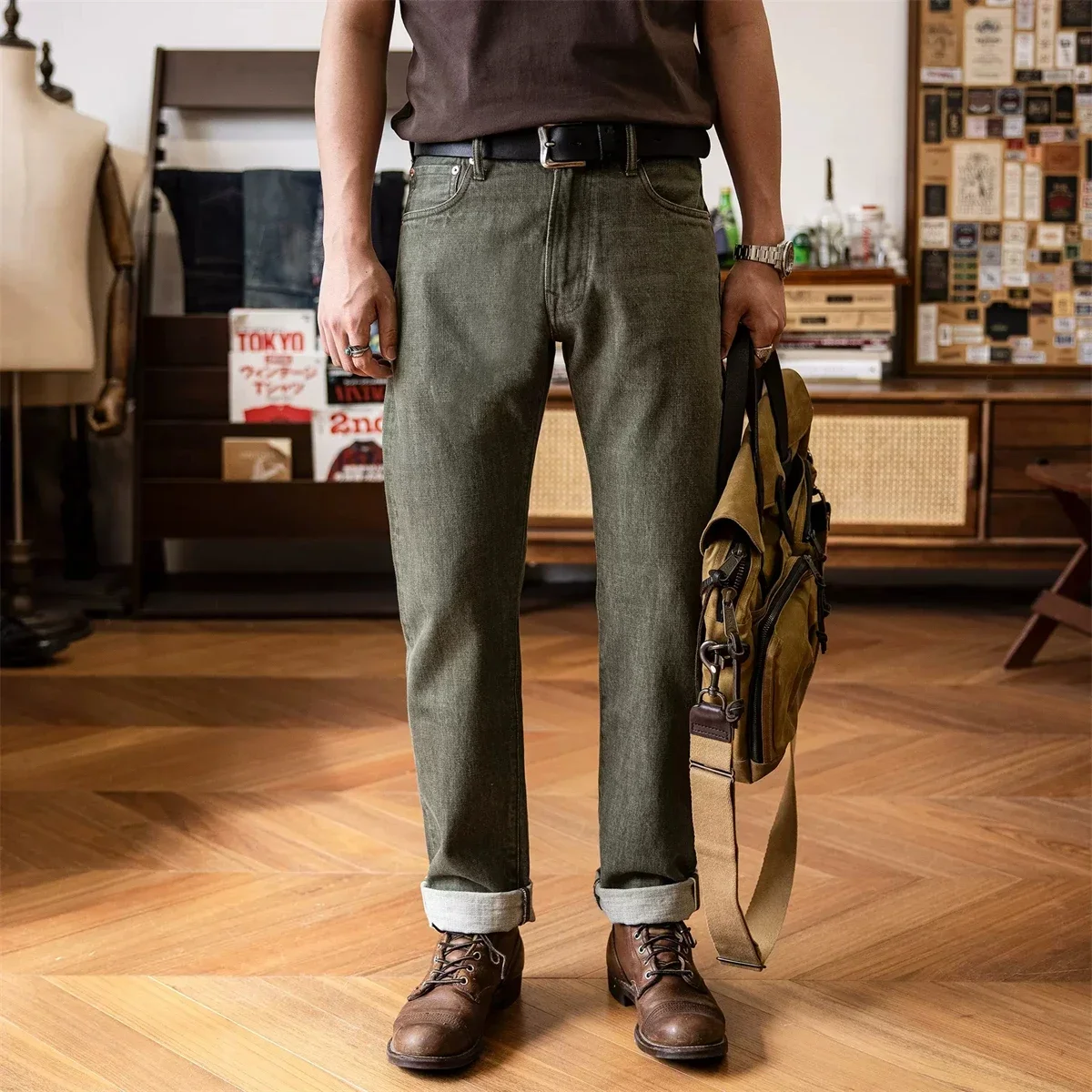 

Red Tornado Men's Regular Straight Fit Jeans in Green Rugged Style Selvage Denim Pants