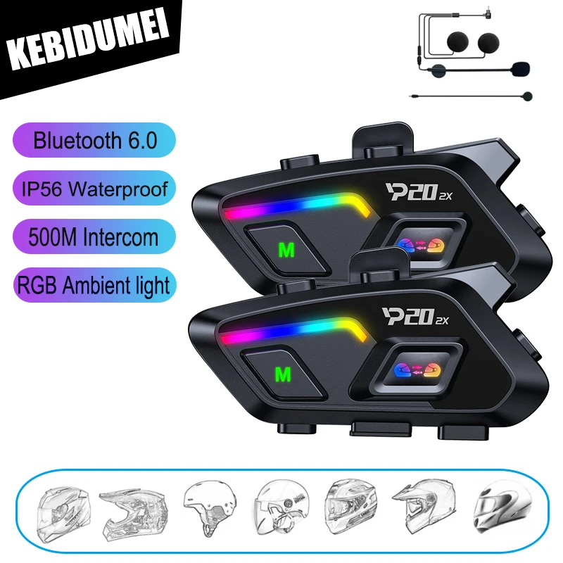 

KEBIDUMEI P20 2x BT 6.0 Helmet Headset 500M Half Duplex Intercom Music Sharing with RGB Ambient Light Waterproof Earphone