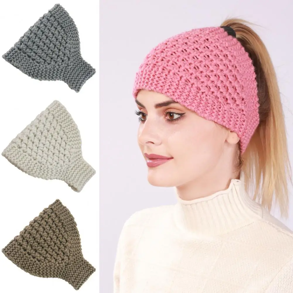 Knitted Hat Handmade Empty Top Stretchy Soft Cozy Ears Autumn Winter Women Headband Beanie Cap for Outdoor