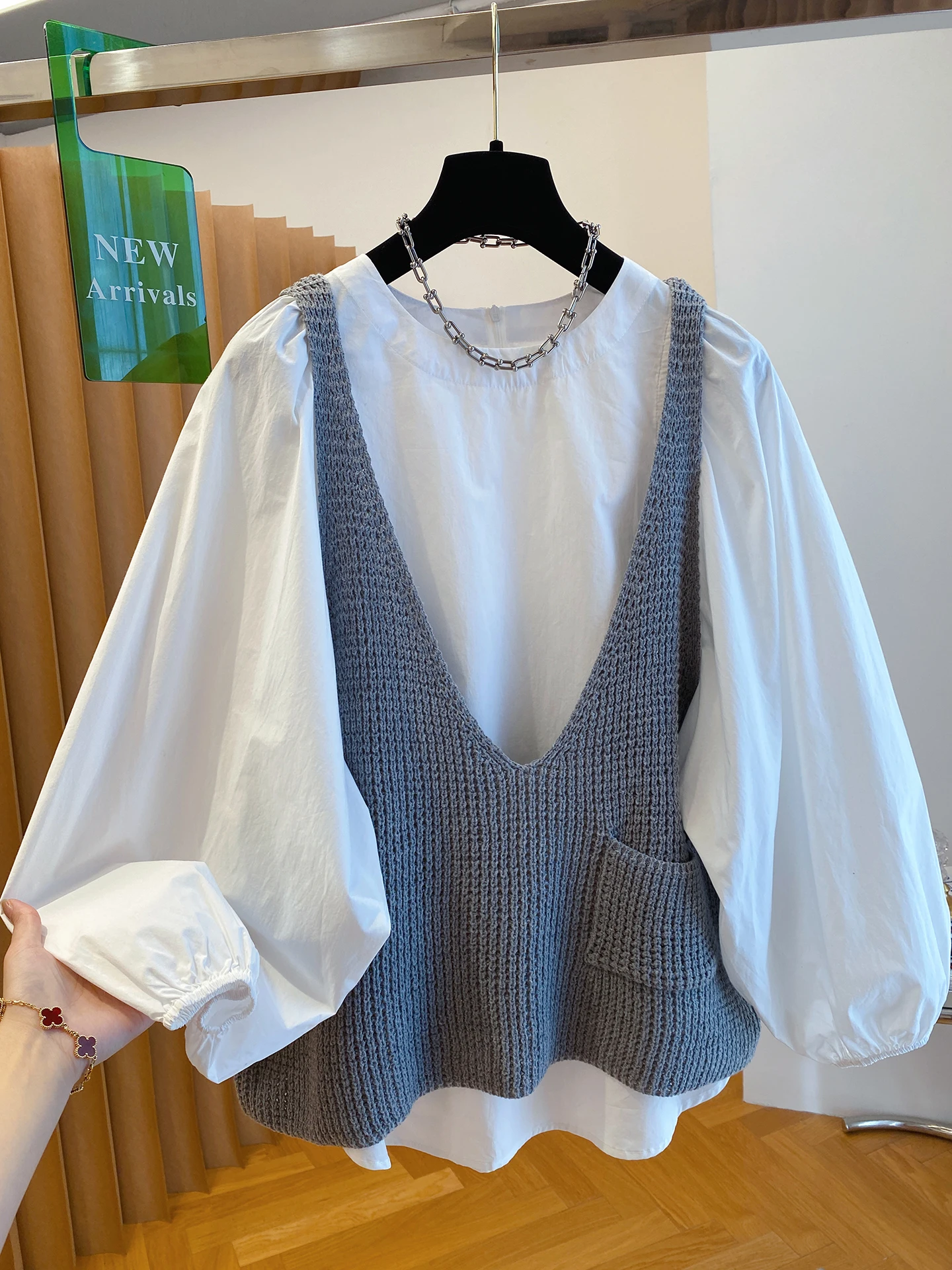 

Korean Sle Knitted Tank Top irt Two-Piece Set Women's Autumn Layering round Ne Bubble Sve Vest Upper Body Set