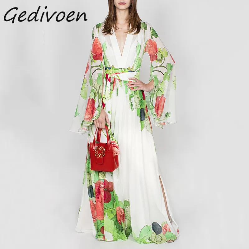 Gedivoen Summer Fashion Runway Abito con stampa floreale vintage Abito lungo da donna con scollo a V Frenulo a vita alta con spacco per feste