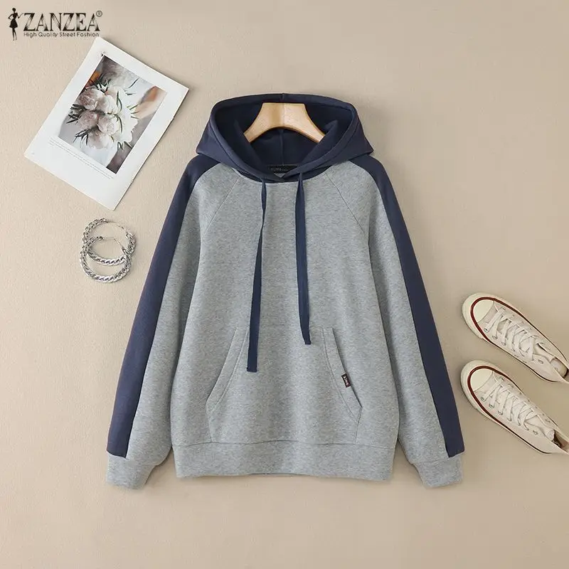 ZANZEA Women's Autumn Fleece Lined Hoodies Contrast-Color Raglan Sleeves Hooded Sweatshirt Casual Loose Woman Clothes Streetwear
