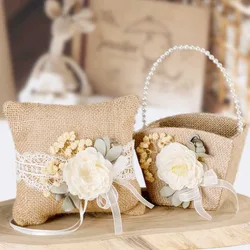 Linen Wedding Flower Girl Basket with Silk Flower Ring Pillow Petal Candy Basket Rustic Ornaments Wedding Party Table Decoration