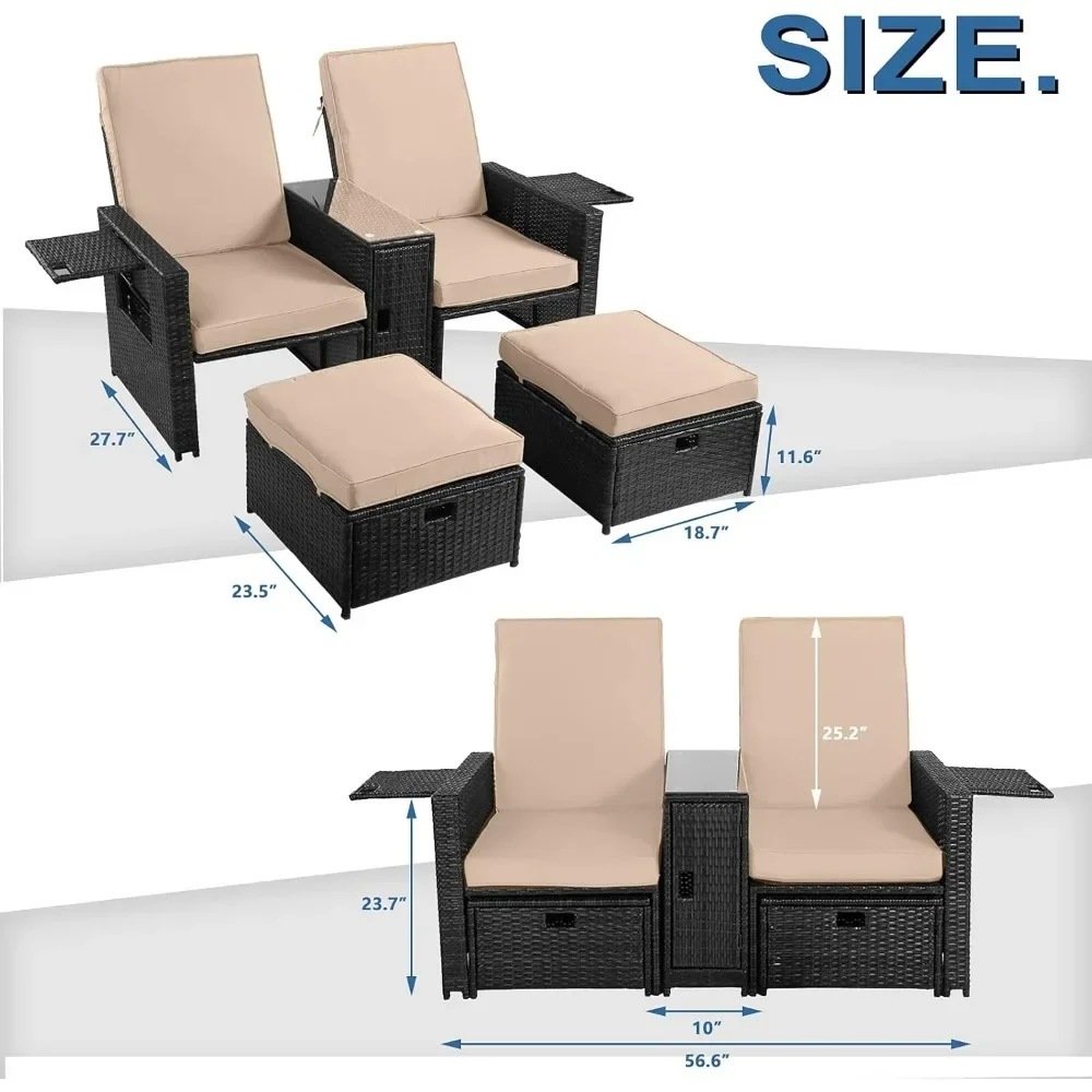 Patio Wicker Furniture Set Outdoor Rattan Sofa Set Adjustable Lounge Chair with Ottoman, Coffee Table, Cushion