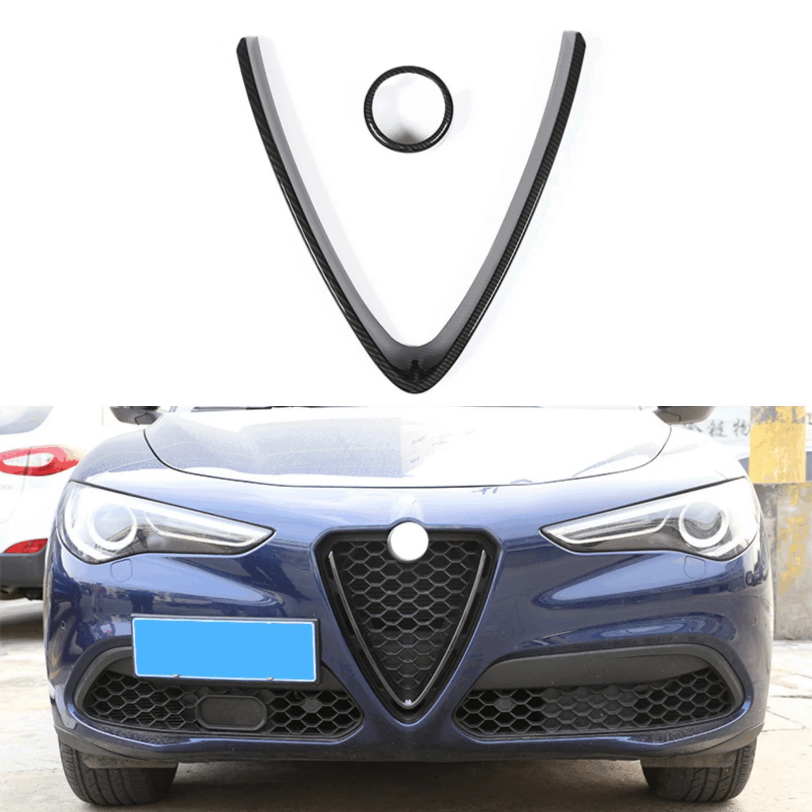 Carbon Fiber ABS Car Exterior Front V Shape Front Grille Cover For Alfa Romeo Stelvio 2017-2020