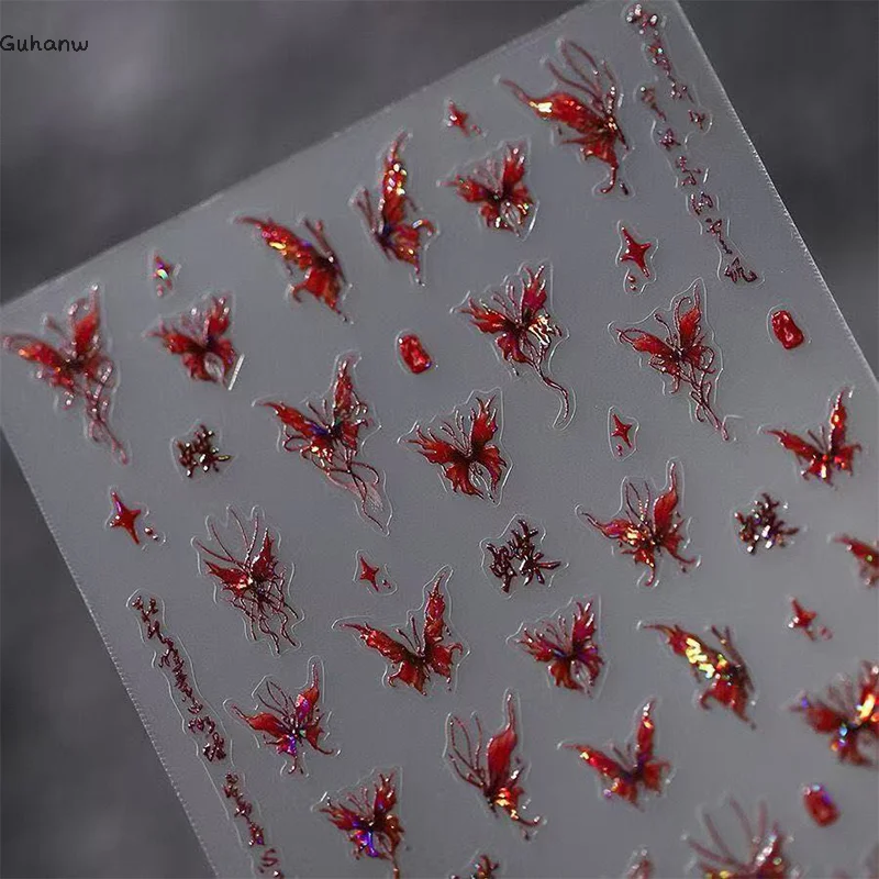 

[WHB]Red Butterfly Nail Stickers Flash Design Decals Self Adhesive Stereoscopic Nail Charm Decoration Accessories