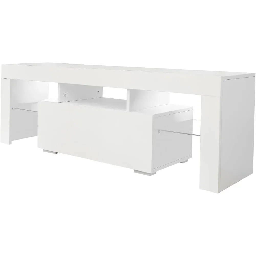 LED TV-standaard voor televisies tot 55 inch, modern entertainmentcentrum met opberglade en glazen plank, consoletafel wit