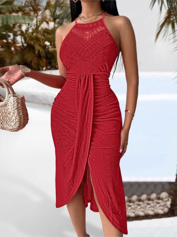 

Women's Personality Street Style Hanging Neck Sleeveless Dress Summer Sexy Style Slim Round Neck Mid-waist Irregular Dresses