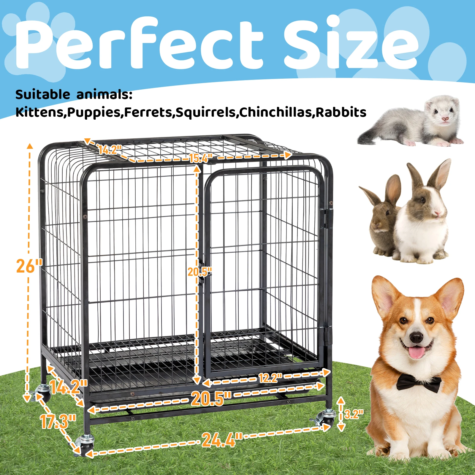 

26 Inch Durable Cat Cage Thickened Metal Wire Cat Enclosure Indoor with Double Doors, Lockable Wheels and Slide-out Trays, Black