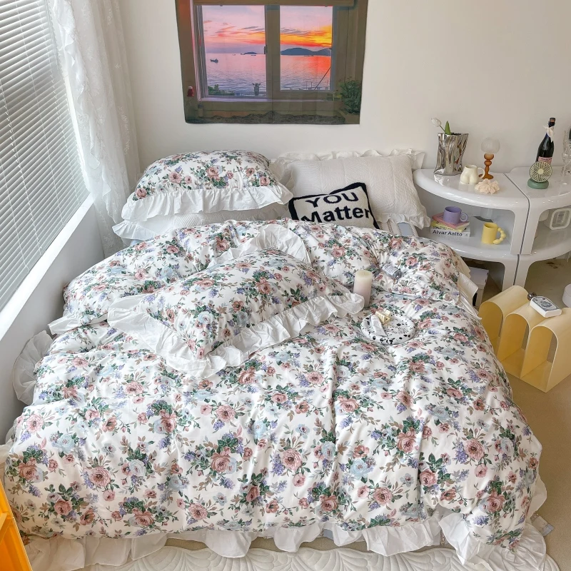 

Korean Princess Style Floral Ruffles Bedding Set Single Queen Size 100% Cotton Duvet Cover Flat/Fitted Bed Sheet Pillowcases
