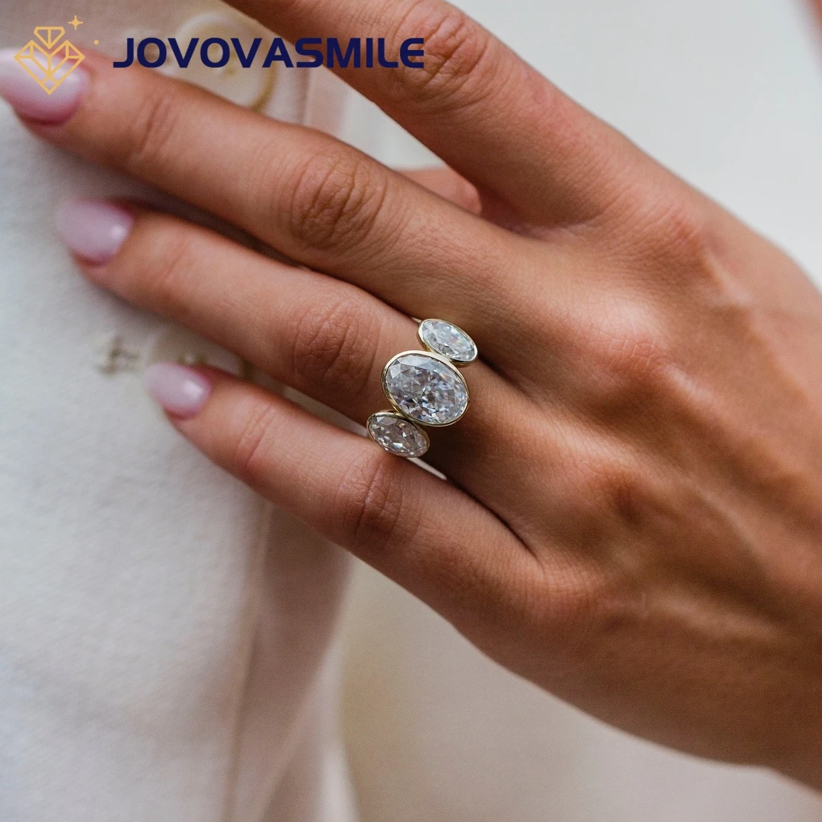 JOVOVASMILE 5 carati centro Moissanite 12x8.5mm ghiaccio tritato taglio ovale con 2 pietre laterali ovali ogni 1.5ct 14k oro giallo per donna