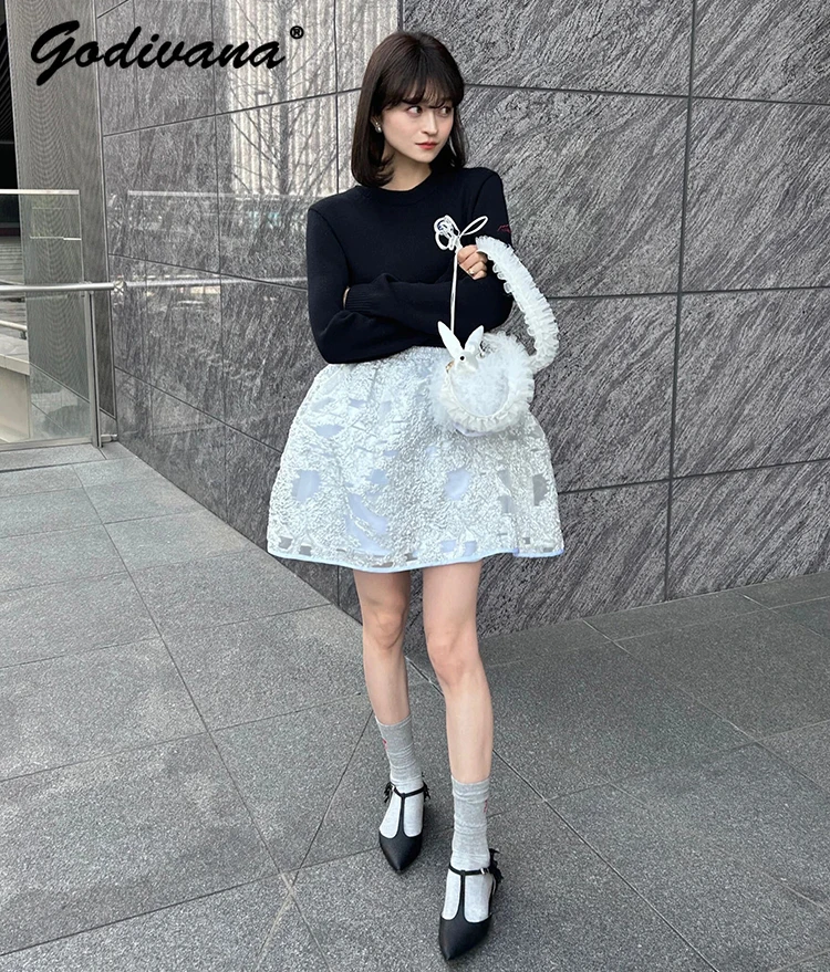 

Japanese Spring and Autumn Ladies Elegant Elastic Waist Three-dimensional Seersucker Skirt Sweet Girls Short Mini Puffy Skirts