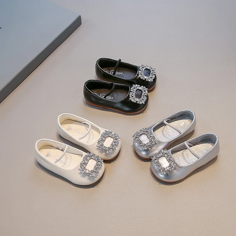 2026 Kids Leather Shoe Non-slip Girls Princess Ballet Shoes Fashion Rhinestone Buckle Children's Causal Wedding Party Flat Shoes