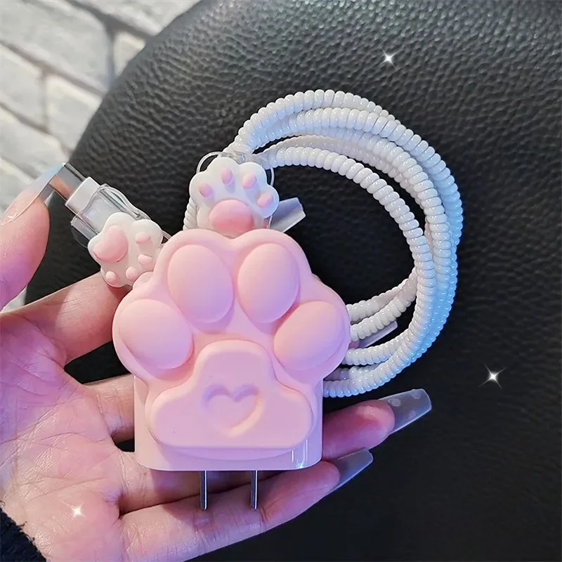 Korea Cute 3D Pink Black Cat Paw Soft Charger Protective Case For IPhone 11 12 13 14 18/20W Fast Charge Protection Charger Cover