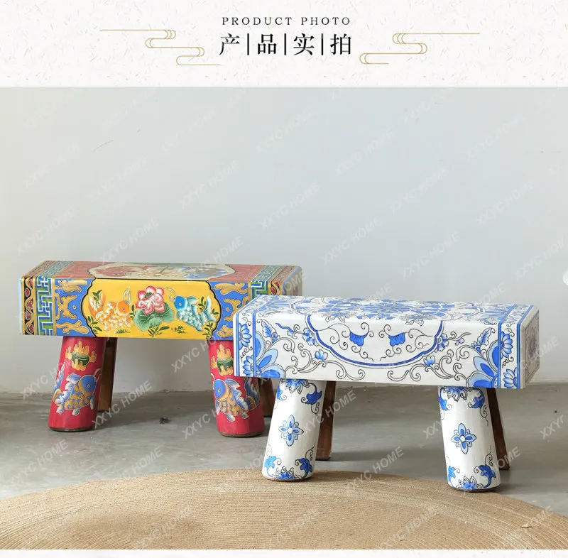 Classical solid wood hand-painted blue and white shoe changing stool foyer strip case solid wood painted bedside stool