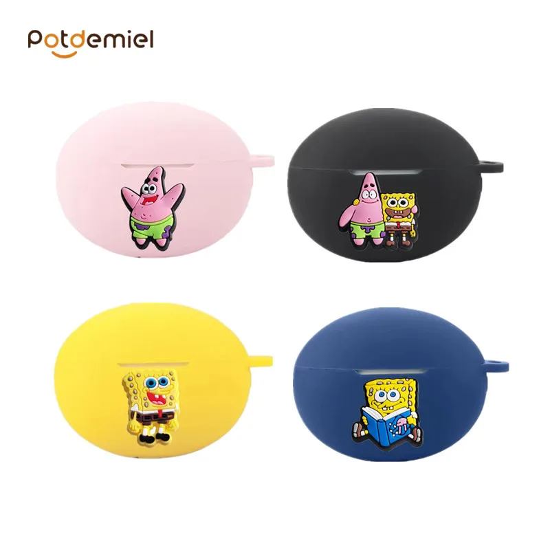Potdemiel SpongeBob Earphone Case for Huawei Freebuds 6i 5i 4i Silicone Wireless Earbuds Charging Box Protective Cover With Hook