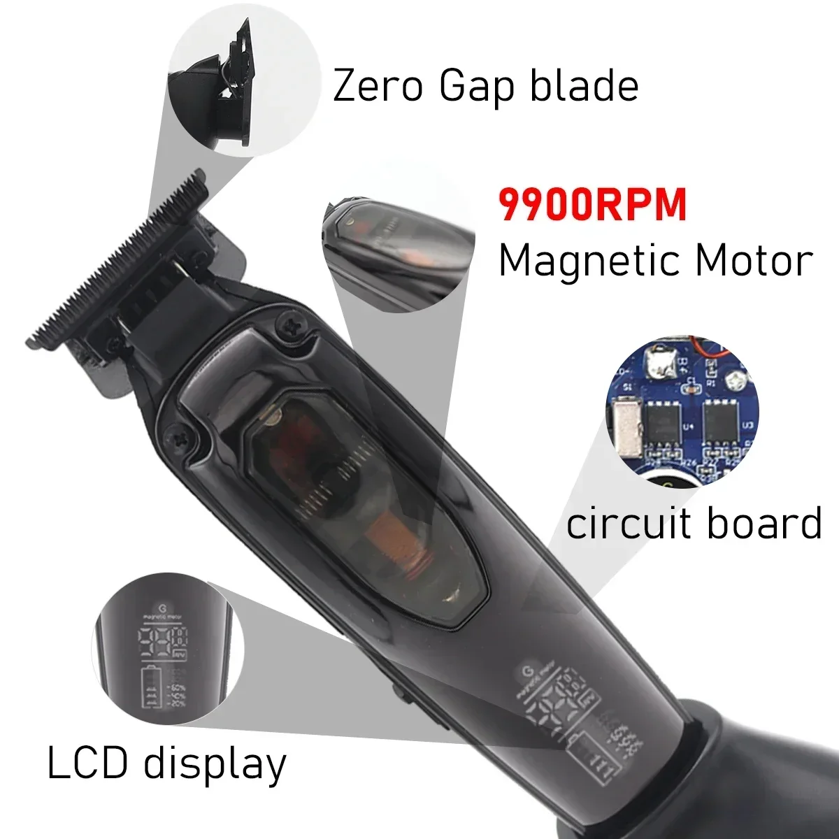 GOBO 9900RPM Magnetic Motor Finishing Machine Hair Trimmer Hair Cutting Machine LCD Display Base Charger Zero Gap DLC Blade