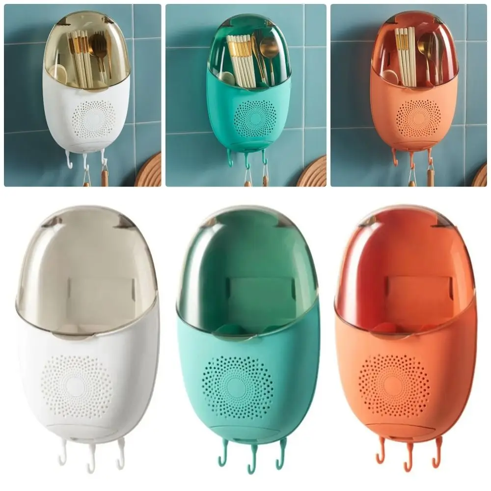 

1Pcs Durable Plastic Chopsticks Cage Wall Mounted Dustproof Cutlery Storage Box with Lid and Hooks Punch-free Chopsticks Case