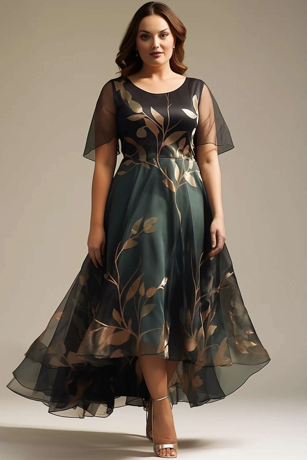 

Flycurvy Plus Size Wedding Guest Black Organza Plant Print Flutter Sleeve High Low Hem Maxi Dress