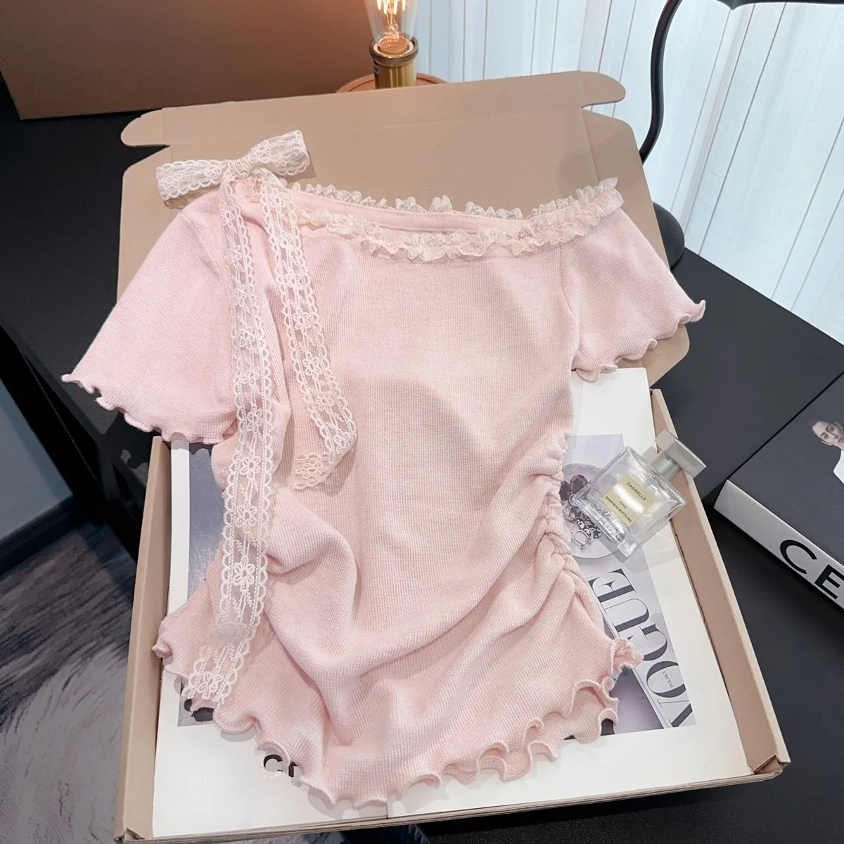 

Sweet Pink Lace Knot Short Sleeve T-Shirt Women Summer OOTD Knitted Ear Look Top Casual Style Slim Fit De...