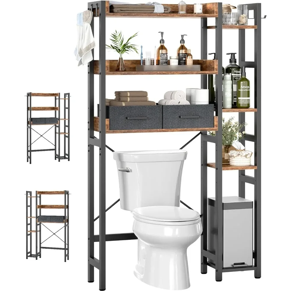 

Over The Toilet Storage with 2 Drawers - 7 Tier Bathroom Organizer with Adjustable Shelf, Freestanding Space Saver Storage Rack