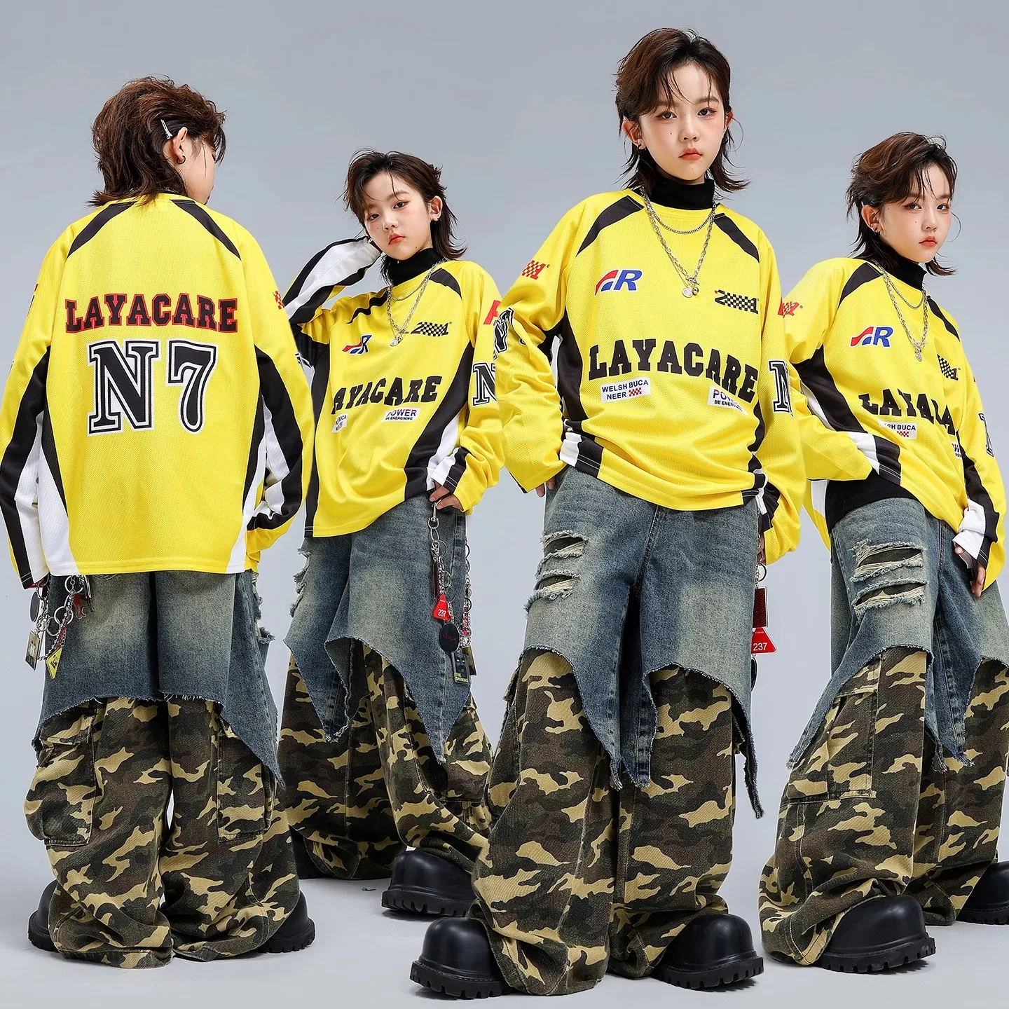 

Детский костюм в стиле хип-хоп, детские свободные топы для уличных танцев, лоскутные камуфляжные штаны, костюмы для джазовых танцев, тренировочная одежда DQL12085