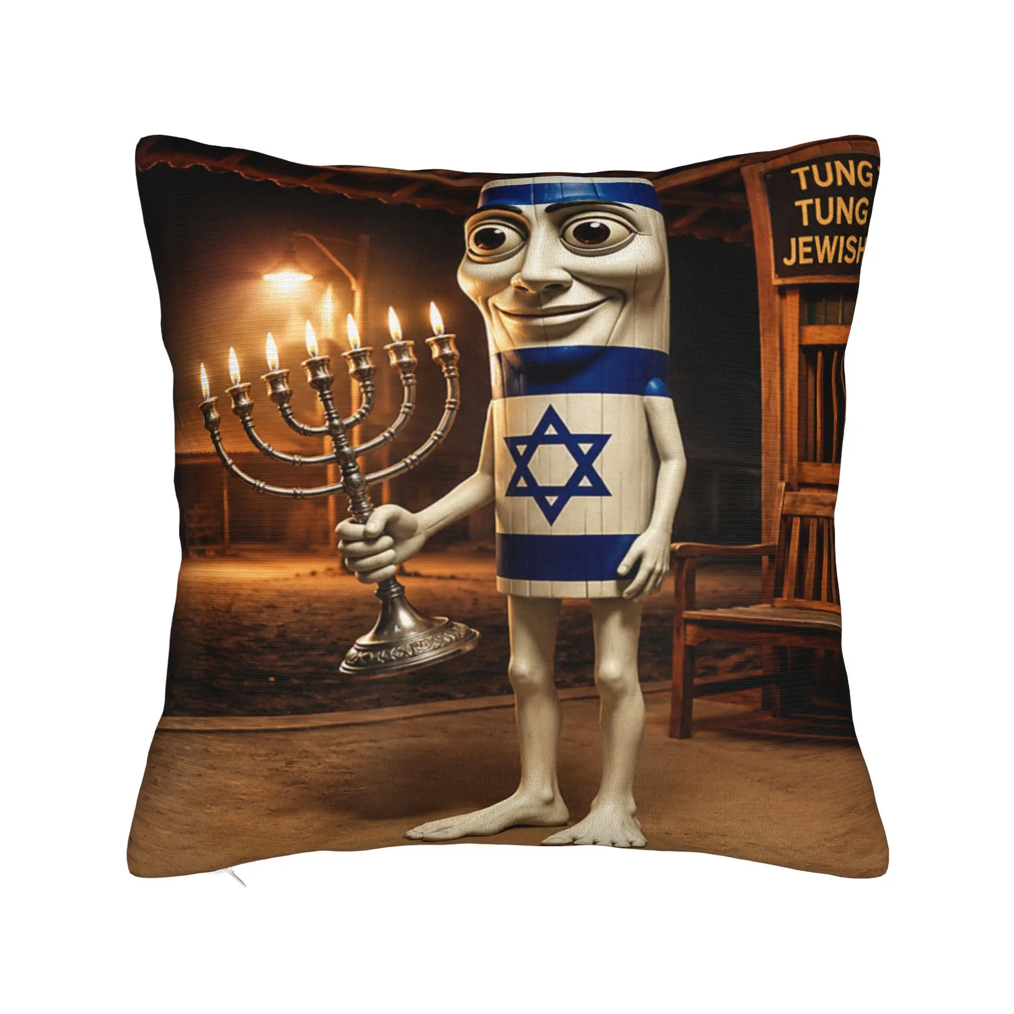 Funny Tung Sahur Jewish Italian Brainrot Meme Pillow Cover  Square Cushion Cover Vintage Pillow Case For Living Room Sofa