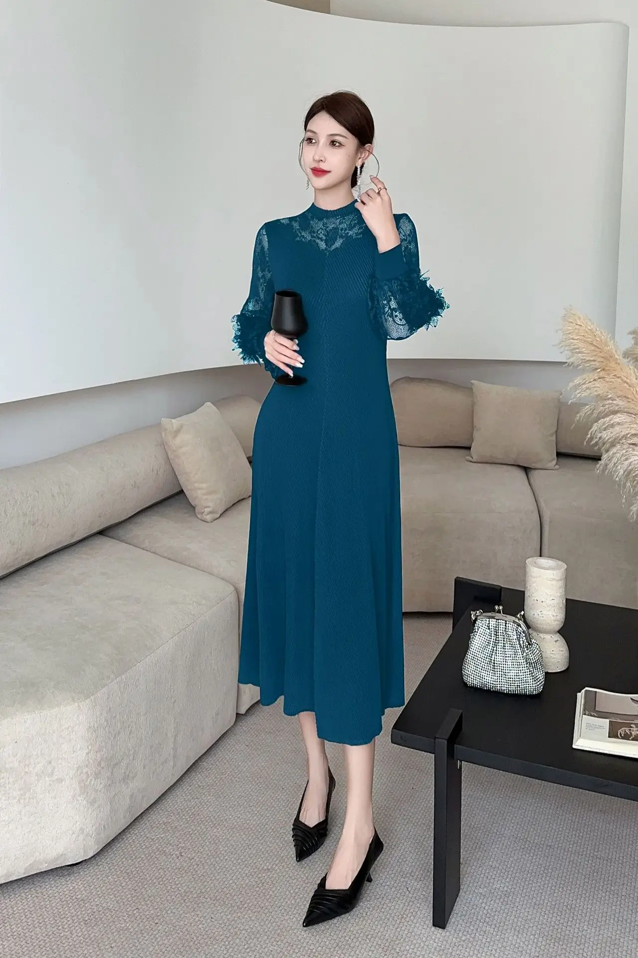Miyake Pleated Lace Spliced Dress for Women 2025 New Solid Color High-end Half-high Neck Long Sleeve Loose Dress Long Skirt