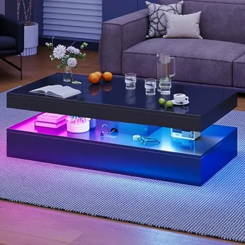 47” High-Glossy LED Coffee Table with 2 Sliding Drawers, Living Room Storage Coffee Tables, Modern Stylish Double-Layer