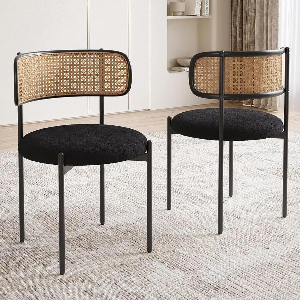

Mid-Century Modern Rattan Backrest Upholstered Sherpa Dining Chairs Set of 2 (Black)