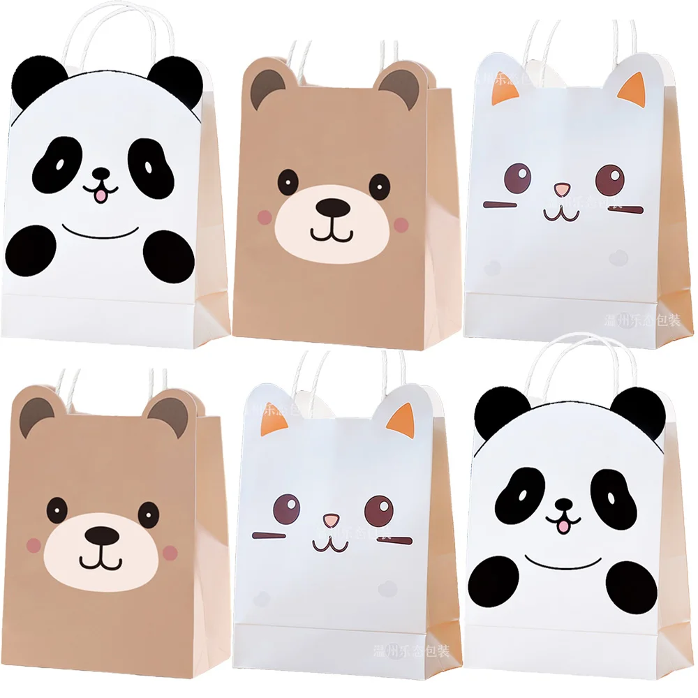 6/12/24/48pcs Animals Paper Goodie Bags With Handle Panda Cat Bear Gift Bag Candy Cookies Bags for Party Decorations Supplies