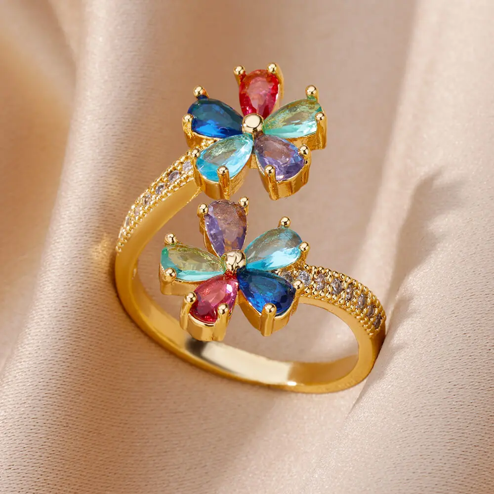 2025 Fashion Colorful Zircon Flower Rings For Women Gold Color Stainless Steel Finger Ring Trend Luxury Boho Aesthetic Jewelry