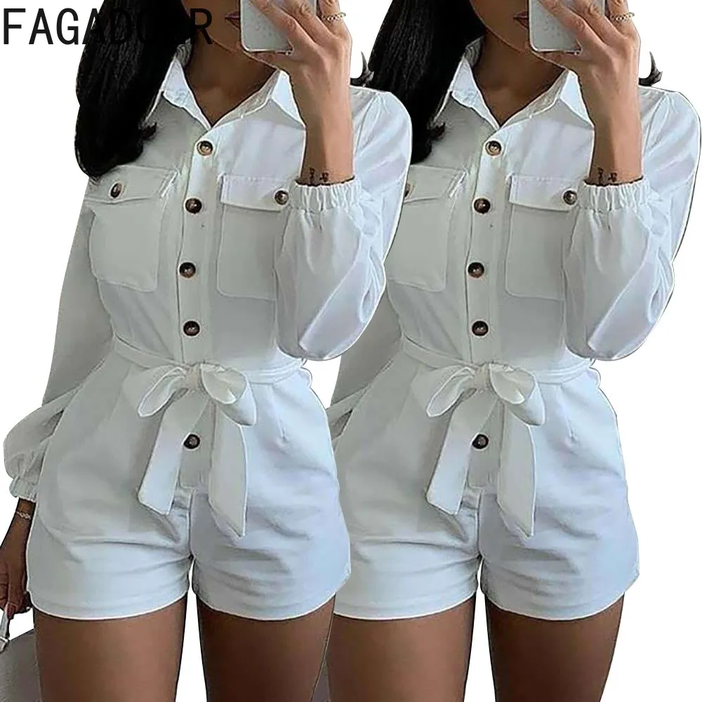 FAGADOER Spring New Solid Color Button Cargo Shirt Rompers Women Turndown Collar Lace Up Slim Jumpsuits Casual Sporty Overalls