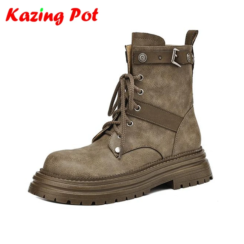

Krazing Pot Cow Split Skin Thick Heels Modern Thick Bottom Motorcycle Boots Casual Winter Punk Handsome Warm Women Ankle Boots