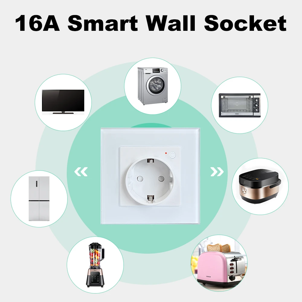 Tuya Smart Wifi EU Sockets 16A Power Monitor Outlet 110V-250V Power Wall Sockets with Glass Panel Support Google Home Alexa