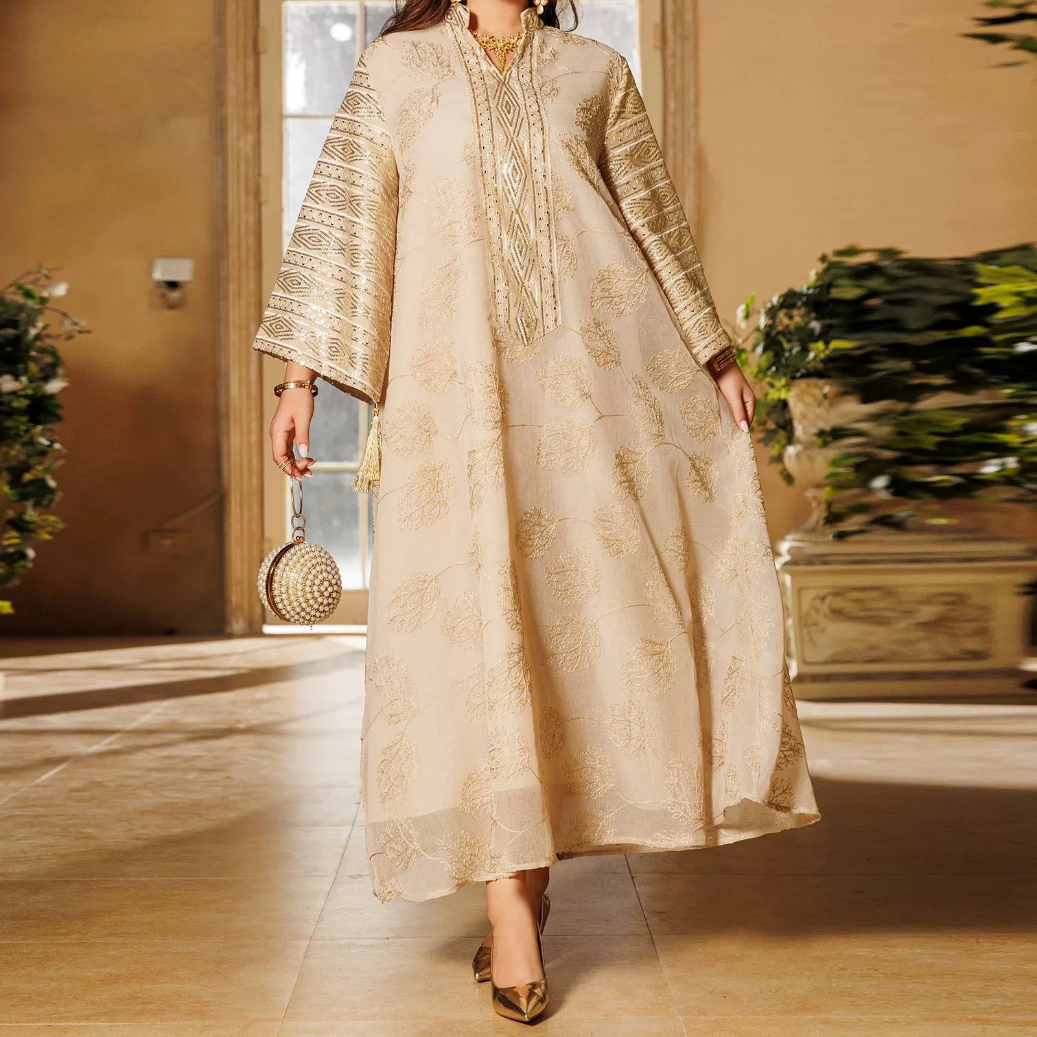 

Muslim embroidered sequined robe plus size women's European and American dress Middle East-GZXX525
