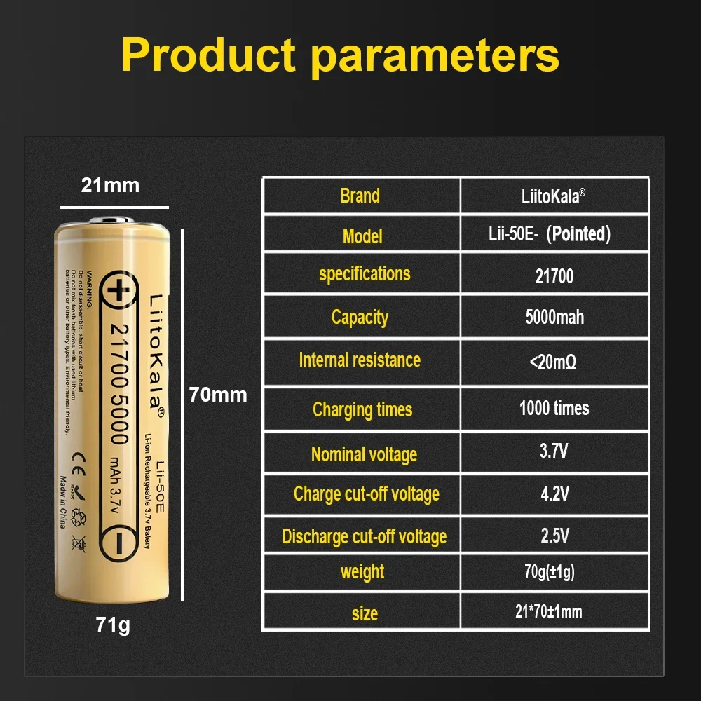 LiitoKala Lii-50E-JT 3.7 فولت 21700 5000 مللي أمبير بطارية ليثيوم لون قابلة للشحن 15A تفريغ الطاقة