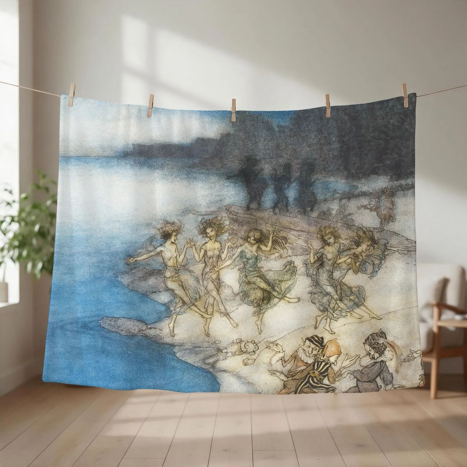 Arthur Rackham: Comus 1921 - Pert Fairies & Dapper Elves Throw Blanket couch cozy soft plush fuzzy picnic outdoor blanket