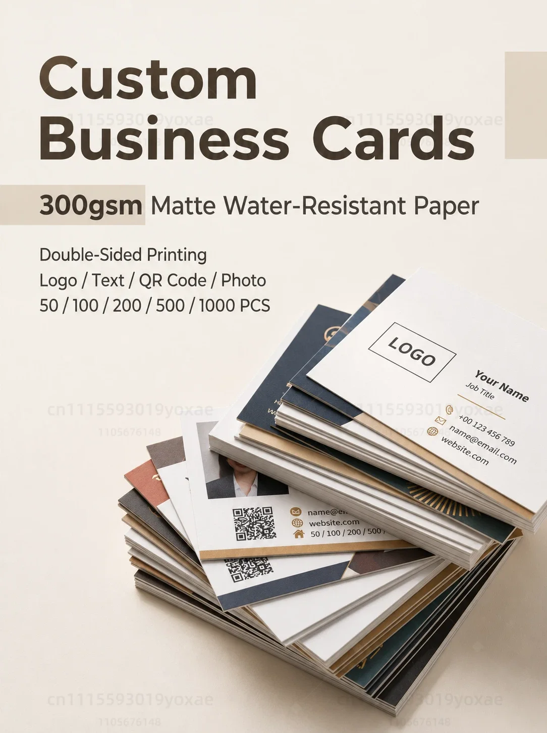 Personalized Business Cards 300gsm Matte Water-Resistant Paper Front Back Printing Logo Text QR Photo 90x54mm 50-1000Pcs Set