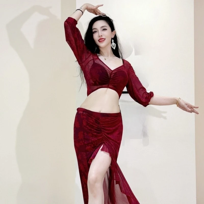 Abito da pratica di danza del ventre sexy Swegal personalizzato Set di maglie stampate rosso vino nobile Costumi di danza orientale Vestito da pratica
