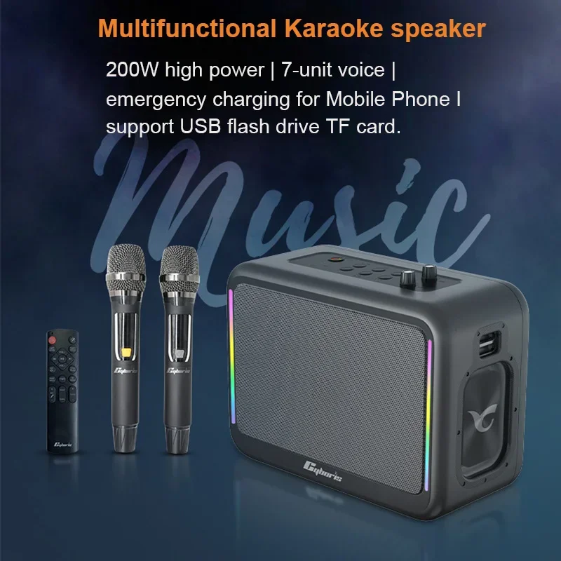 Cyboris 200 W Çok Fonksiyonlu Karaoke Bluetooth Hoparlör 7 Ses Birimi ile 2 UHF Kablosuz Mikrofonlar Taşınabilir HIFI Ağır Bas
