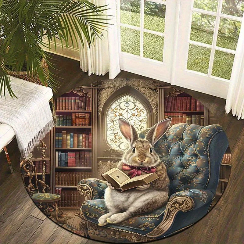 1pc Elegant Book‑Reading Rabbit Round Area Rug, Indoor & Outdoor Comfortable Floor Mat for Kitchen, Home, Office