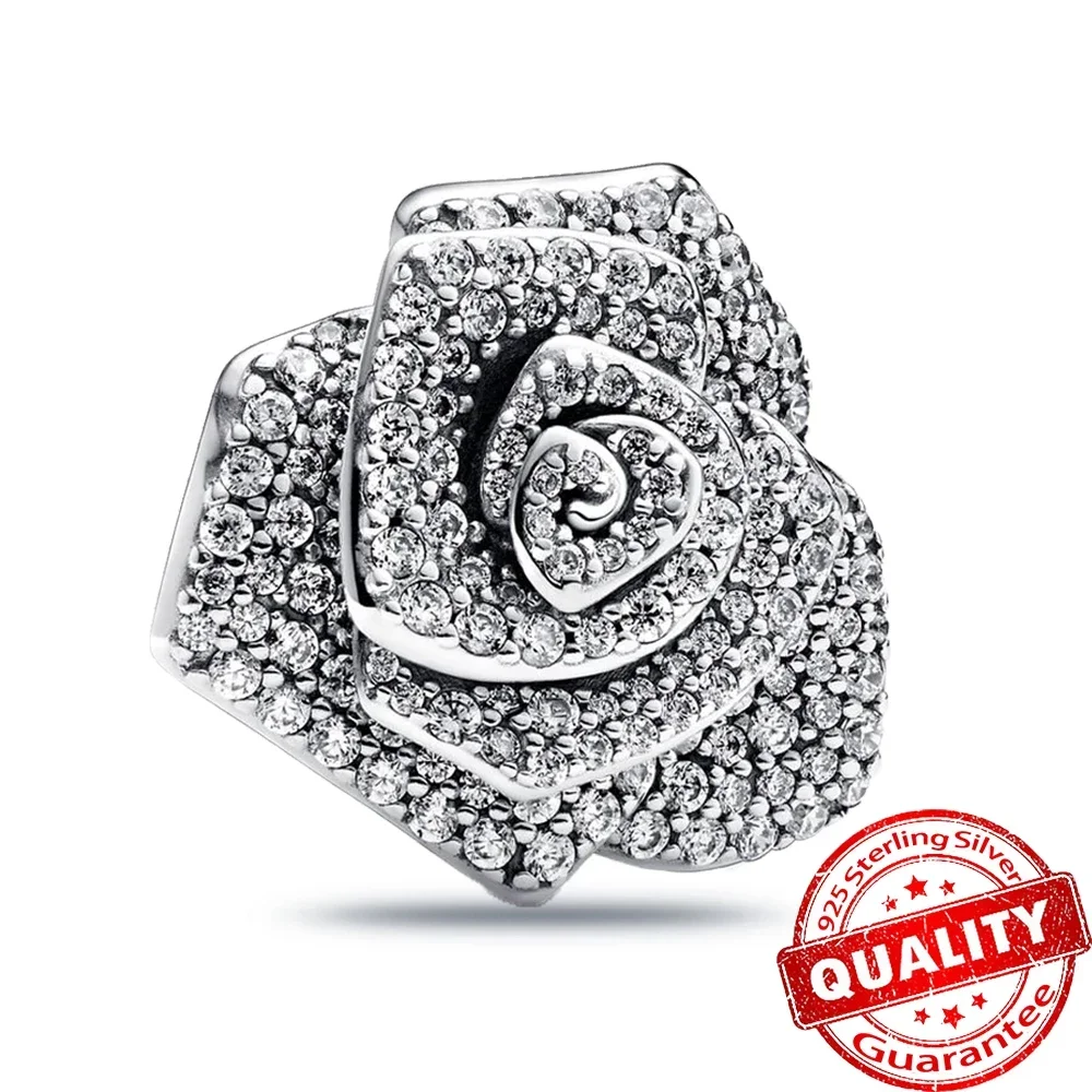 2024 New Sparkling Pave Rose in Bloom Bracelet 925 Sterling Silver Flower Charm for Women Necklace Fine Jewelry Gift